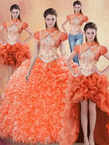 High Quality Four Piece Orange Red Organza Lace Up Straps Sleeveless With Train Sweet 16 Quinceanera Dress Brush Train B