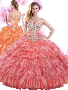 Organza Sweetheart Sleeveless Lace Up Beading and Ruffled Layers and Pick Ups Ball Gown Prom Dress in Watermelon Red