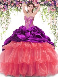 Beading and Ruffled Layers and Pick Ups 15th Birthday Dress Multi-color Lace Up Sleeveless With Brush Train