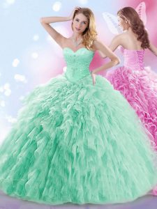 Apple Green Sleeveless With Train Beading and Ruffles Lace Up Quinceanera Dresses