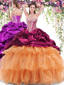 Multi-color Organza and Taffeta Lace Up 15 Quinceanera Dress Sleeveless With Brush Train Beading and Ruffled Layers and 