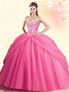 Fitting Sleeveless Floor Length Beading Lace Up Quince Ball Gowns with Watermelon Red