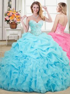 Latest Aqua Blue Lace Up Quinceanera Gown Beading and Ruffles and Pick Ups Sleeveless Floor Length