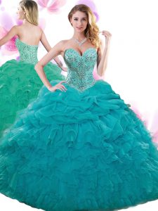 Sleeveless Organza Floor Length Lace Up Quinceanera Gown in Teal with Beading and Ruffles and Pick Ups