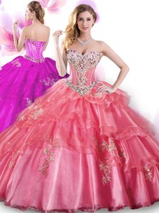 Organza Sweetheart Sleeveless Lace Up Beading and Appliques Quinceanera Gowns in Coral Red