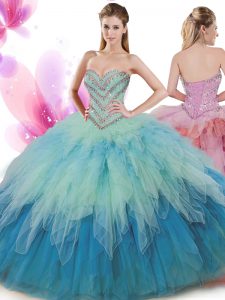 Spectacular Multi-color Tulle Lace Up Quinceanera Gown Sleeveless Floor Length Beading and Ruffles