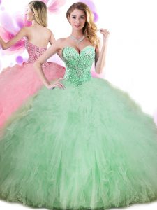 Flirting Apple Green Tulle Lace Up Quinceanera Gowns Sleeveless Floor Length Beading and Ruffles and Pick Ups