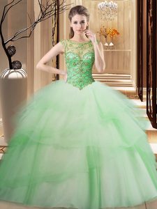 Scoop Apple Green Ball Gowns Beading and Ruffled Layers Sweet 16 Dress Lace Up Tulle Sleeveless
