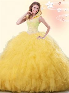Customized Yellow Tulle Backless 15th Birthday Dress Sleeveless Floor Length Beading and Ruffles