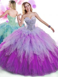 Dramatic Multi-color Ball Gowns Tulle Sweetheart Sleeveless Beading and Ruffles Floor Length Lace Up Quince Ball Gowns