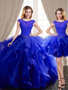 Three Piece Tulle Scoop Cap Sleeves Brush Train Lace Up Beading and Appliques and Ruffles Quinceanera Dress in Royal Blu