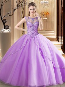 High Quality Lavender Ball Gowns Tulle Scoop Sleeveless Beading Lace Up Quince Ball Gowns Brush Train