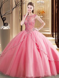 Classical Scoop Watermelon Red Tulle Lace Up Quinceanera Gown Sleeveless Brush Train Beading