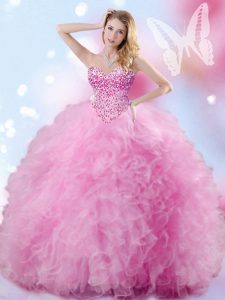 Pretty Beading and Ruffles Sweet 16 Dress Rose Pink Lace Up Sleeveless Floor Length