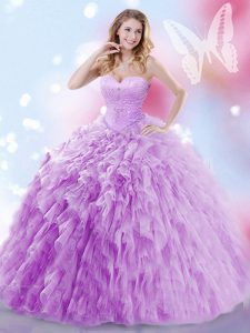 Lavender Tulle Lace Up Sweet 16 Dresses Sleeveless Brush Train Beading and Ruffles
