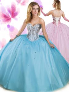 Aqua Blue Lace Up Sweetheart Beading 15th Birthday Dress Tulle Sleeveless