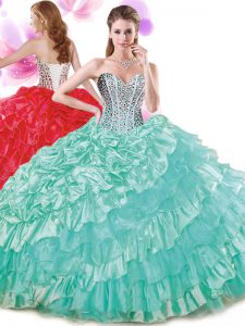 Fashion Turquoise Sweetheart Neckline Beading and Ruffled Layers and Pick Ups Vestidos de Quinceanera Sleeveless Lace Up