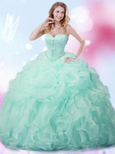 Sleeveless With Train Beading and Ruffles and Pick Ups Lace Up Vestidos de Quinceanera with Apple Green Brush Train