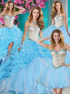 Four Piece Sleeveless Organza With Brush Train Lace Up 15th Birthday Dress in Baby Blue with Beading and Ruffles