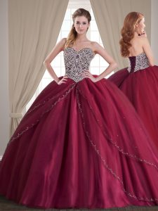 High End Burgundy Ball Gowns Tulle Sweetheart Sleeveless Beading With Train Lace Up Sweet 16 Dress Brush Train