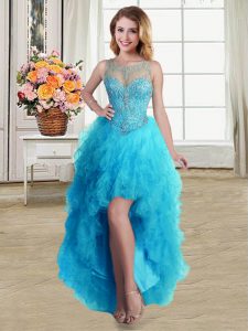 Attractive Baby Blue Scoop Lace Up Beading and Ruffles Prom Evening Gown Sleeveless