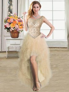 Scoop Ruffles Prom Dresses Champagne Lace Up Sleeveless High Low
