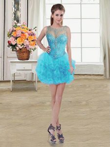 Beauteous Scoop Sleeveless Tulle Mini Length Lace Up Prom Dresses in Baby Blue with Beading and Ruffles