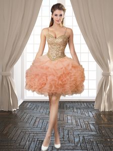 Peach Spaghetti Straps Neckline Beading and Ruffles and Pick Ups Prom Evening Gown Sleeveless Backless