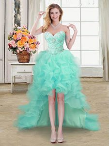 Apple Green Sleeveless High Low Beading and Ruffles Lace Up
