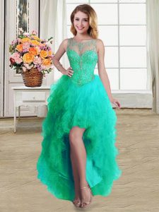 Best Selling Scoop Turquoise Sleeveless Beading and Ruffles High Low Prom Gown