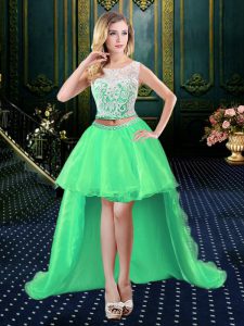 Beauteous Clasp Handle Scoop Sleeveless Prom Dress High Low Lace Organza