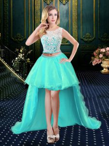 Pretty Organza Scoop Sleeveless Clasp Handle Lace Prom Gown in Aqua Blue