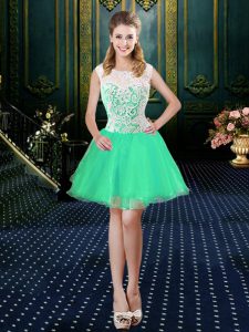 Excellent Scoop Turquoise Organza Zipper Dress for Prom Sleeveless Mini Length Lace