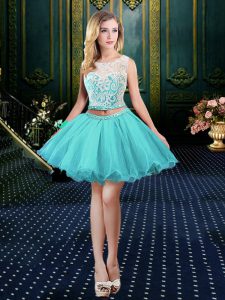 Aqua Blue Scoop Clasp Handle Lace Prom Dress Sleeveless