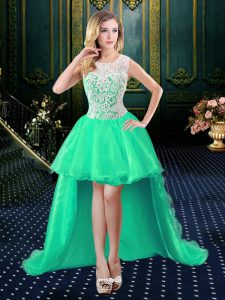 Scoop Sleeveless Organza and Lace High Low Zipper Prom Evening Gown in Turquoise with Lace