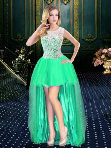 Turquoise Organza Clasp Handle Scoop Sleeveless High Low Prom Gown Beading