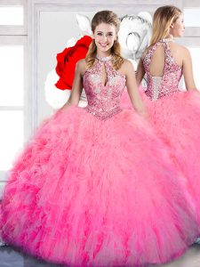 Unique Halter Top Hot Pink Tulle Lace Up Quinceanera Dress Sleeveless Floor Length Beading and Ruffles