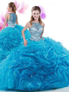 Simple Baby Blue Sleeveless Court Train Ruffles Quinceanera Gown
