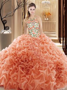 Attractive Peach Sweet 16 Dresses High-neck Sleeveless Court Train Backless