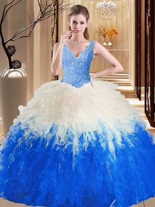 Floor Length Zipper 15 Quinceanera Dress Blue And White for Military Ball and Sweet 16 and Quinceanera with Lace and App