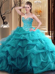 Teal Sleeveless Tulle Zipper 15 Quinceanera Dress for Military Ball and Sweet 16 and Quinceanera