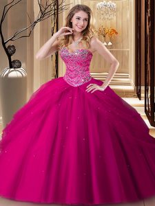 Fuchsia Sleeveless Beading Floor Length 15th Birthday Dress
