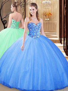 Floor Length Lace Up 15th Birthday Dress Blue for Prom and Military Ball and Sweet 16 with Embroidery