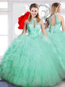 Apple Green Lace Up Sweet 16 Quinceanera Dress Beading Sleeveless Floor Length
