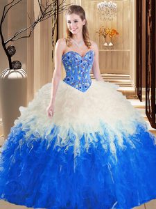 Customized Blue And White Ball Gowns Tulle Sweetheart Sleeveless Embroidery and Ruffles Floor Length Lace Up Sweet 16 Dr