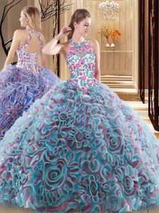 Comfortable Sweep Train Ball Gowns Quinceanera Gowns Multi-color High-neck Fabric With Rolling Flowers Sleeveless Criss 