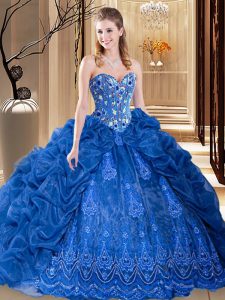 Embroidery and Pick Ups Quince Ball Gowns Royal Blue Lace Up Sleeveless Court Train