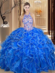 High End Scoop Royal Blue Ball Gowns Embroidery and Ruffles Quinceanera Dresses Backless Organza Sleeveless Floor Length