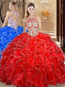 Scoop Floor Length Backless Sweet 16 Dress Coral Red for Military Ball and Sweet 16 with Embroidery and Ruffles
