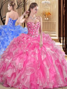 Embroidery and Ruffles Quinceanera Gowns Rose Pink Lace Up Sleeveless Floor Length